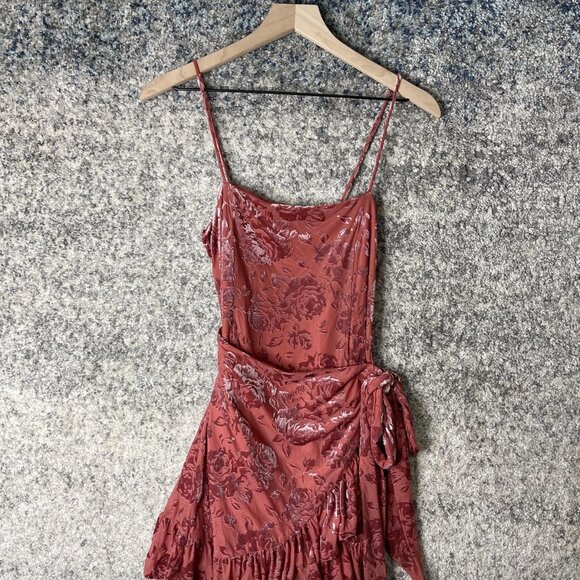 Free People Dress Womens XS Red Floral Velvet Wrap Ruffle Mini Boho Made USA - Picture 1 of 6